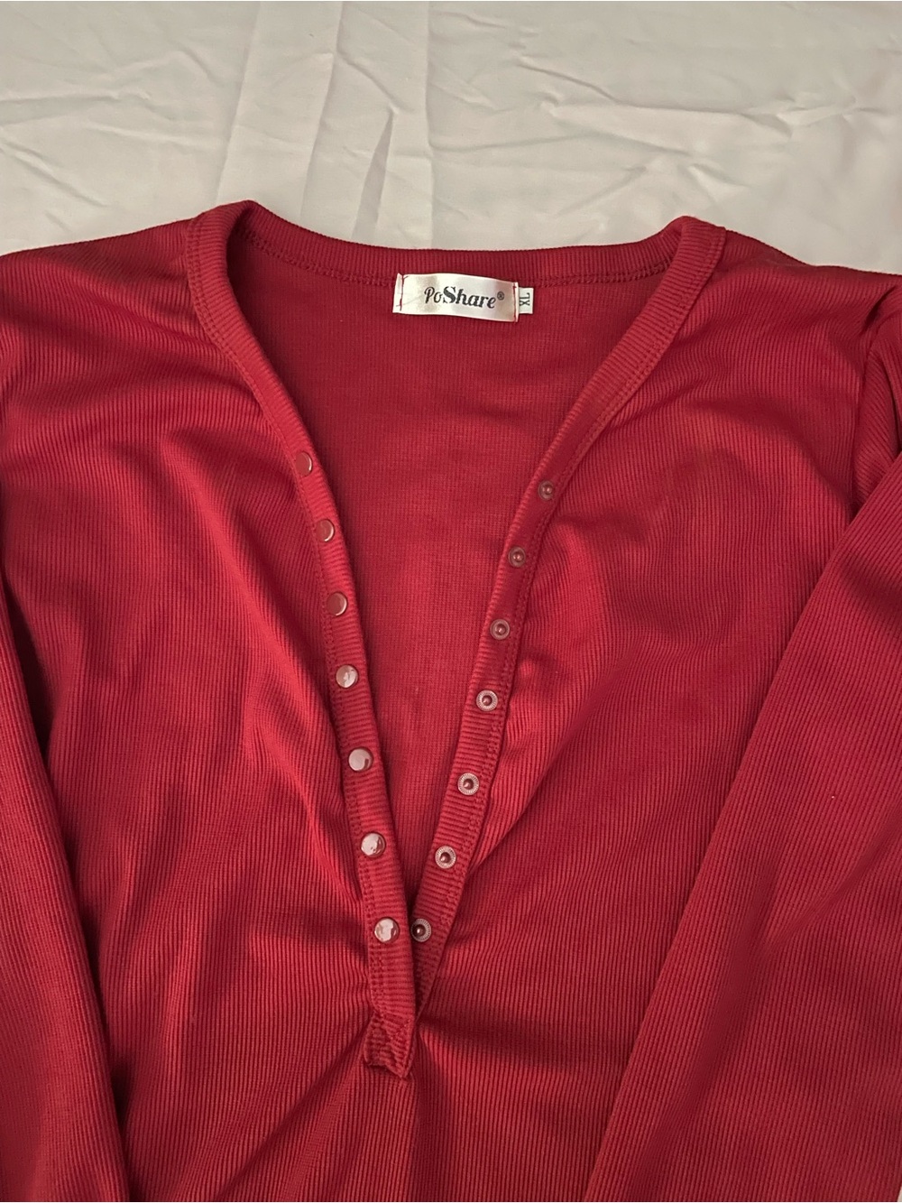 Women's Ribbed Snap-Front Long Sleeve Top - Deep Red